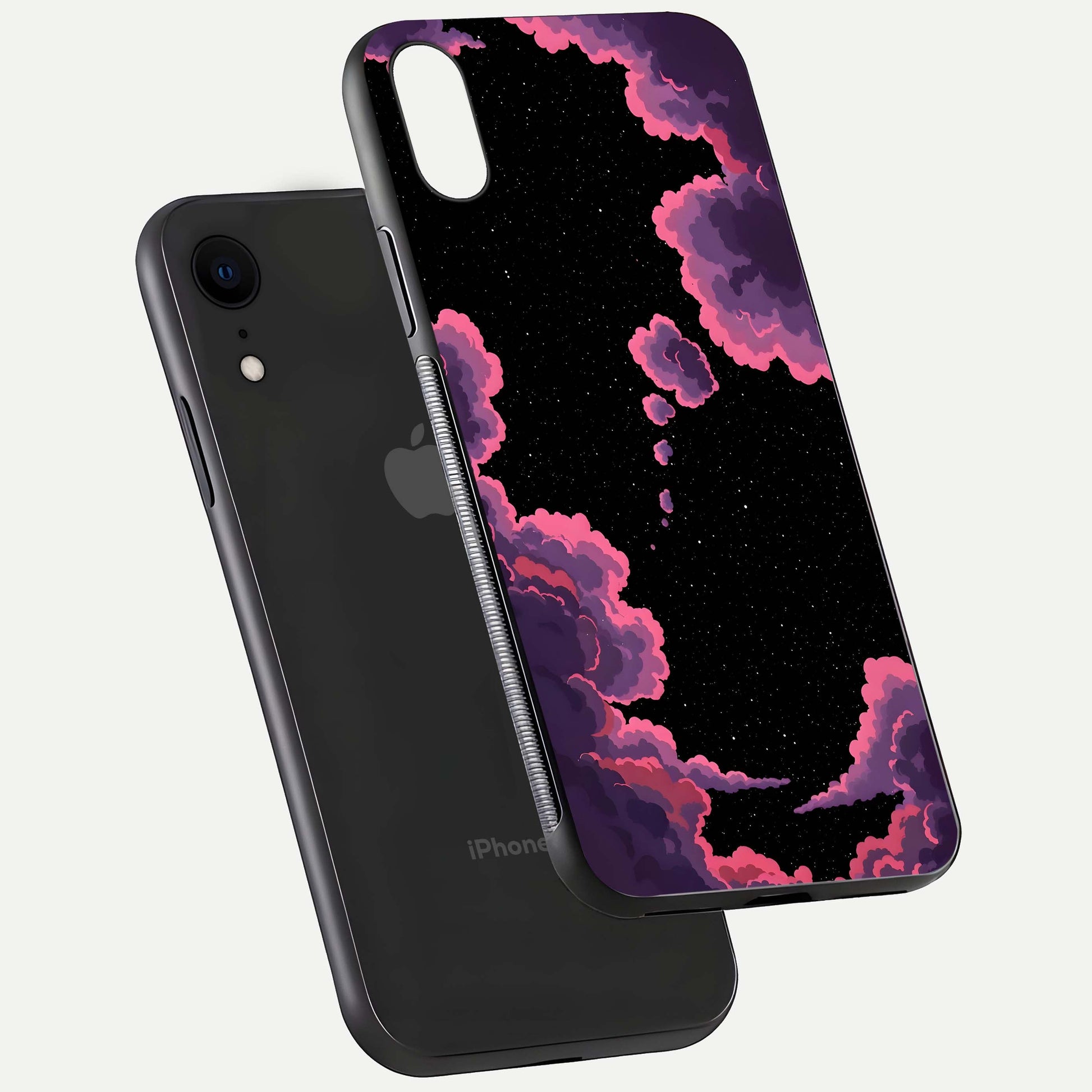Cosmic Cloud Journey Glass Case for iPhone Xr floating mockup showing HD gloss and cosmic gradient