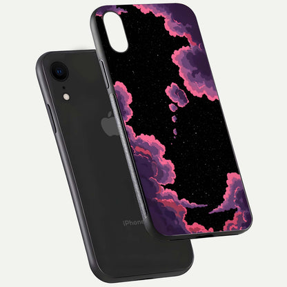 Cosmic Cloud Journey Glass Case for iPhone Xr floating mockup showing HD gloss and cosmic gradient