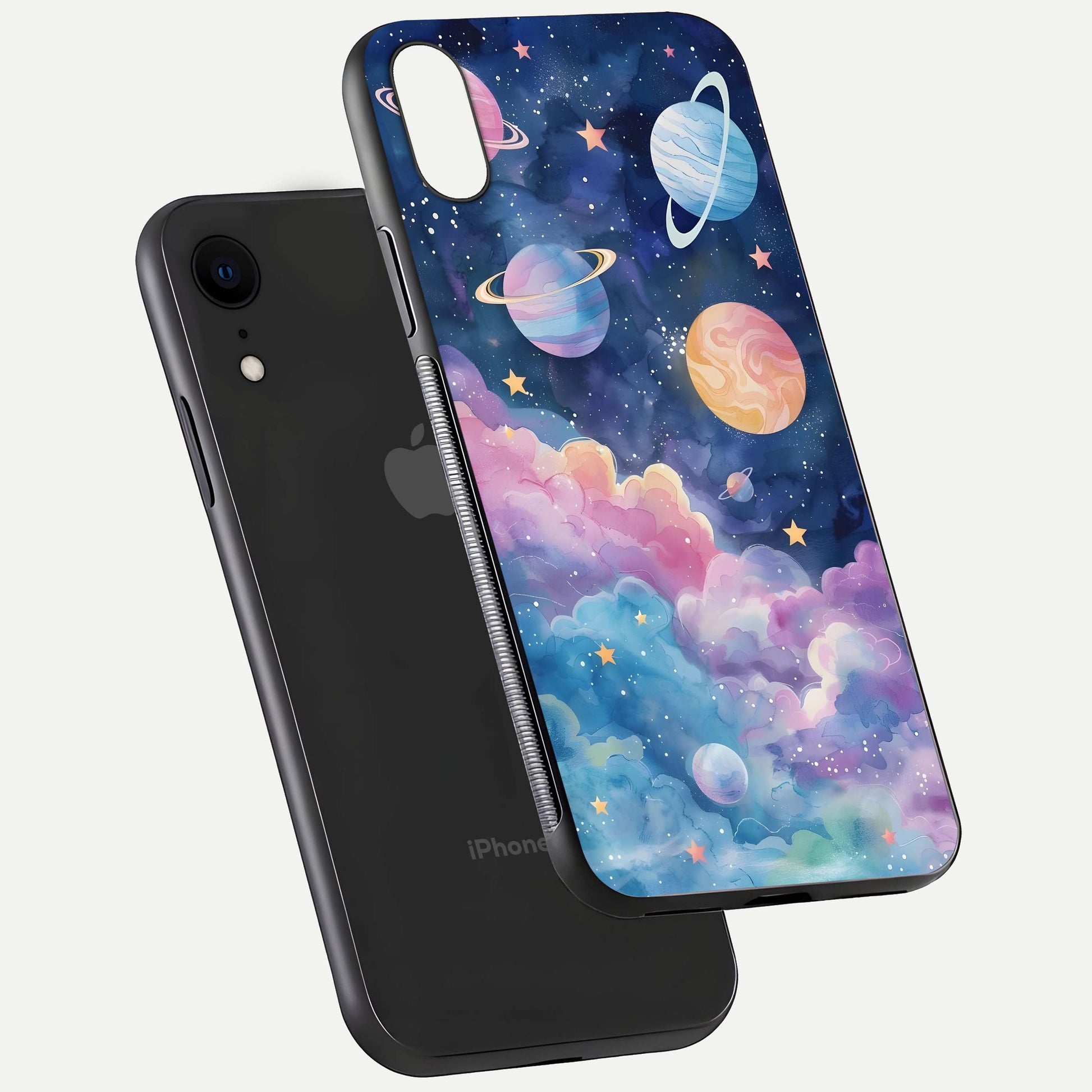 Cosmic Planet Dreams Glass Case for iPhone Xr floating mockup showing HD gloss and cosmic reflection