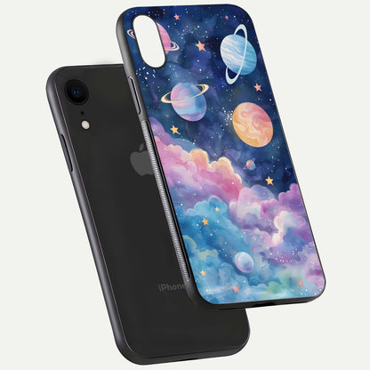 Cosmic Planet Dreams Glass Case for iPhone Xr floating mockup showing HD gloss and cosmic reflection
