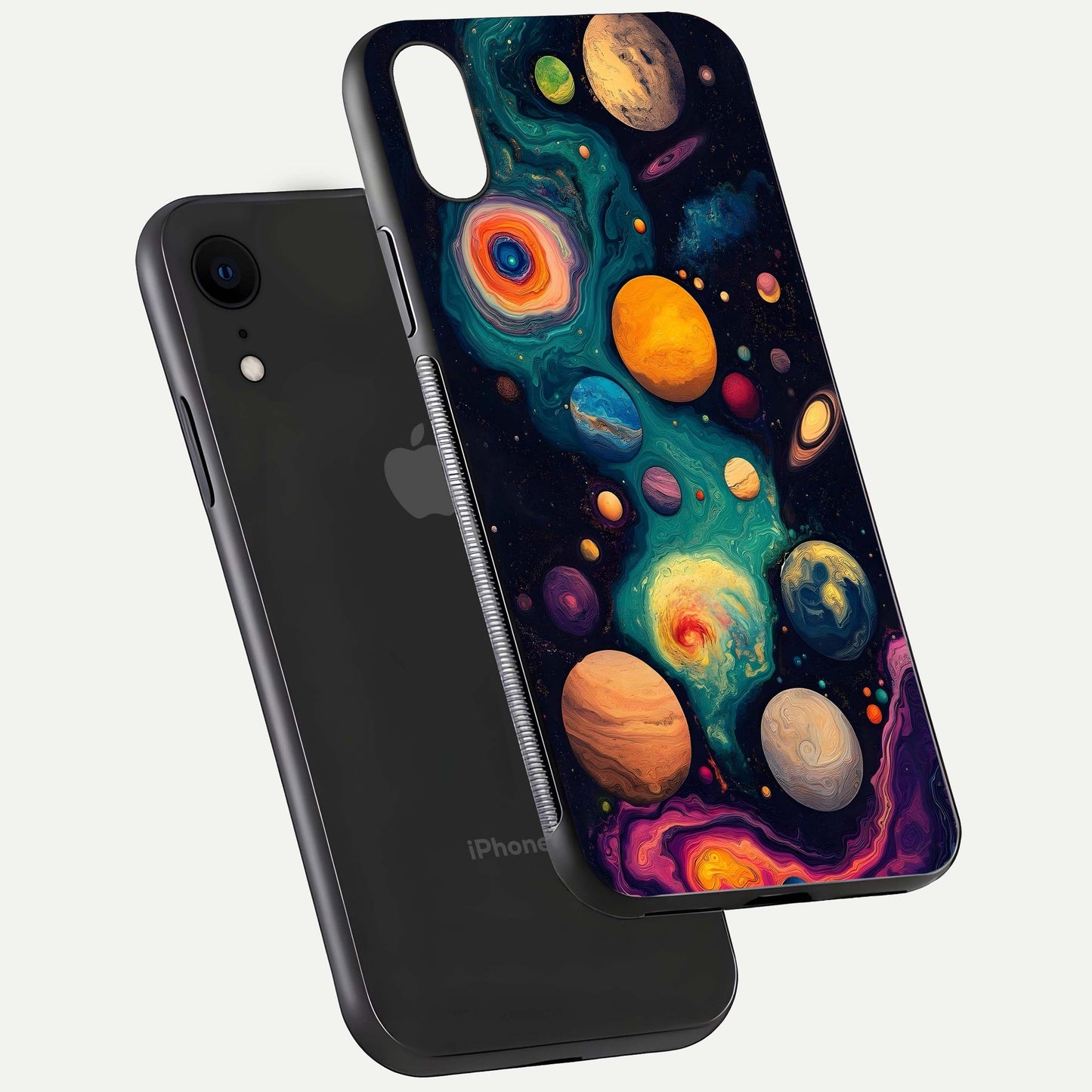 Cosmic Planet Journey Glass Case for iPhone Xr floating mockup showing gloss gradient and deep shine