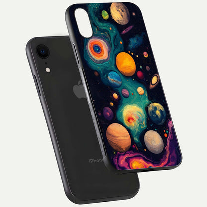 Cosmic Planet Journey Glass Case for iPhone Xr floating mockup showing gloss gradient and deep shine