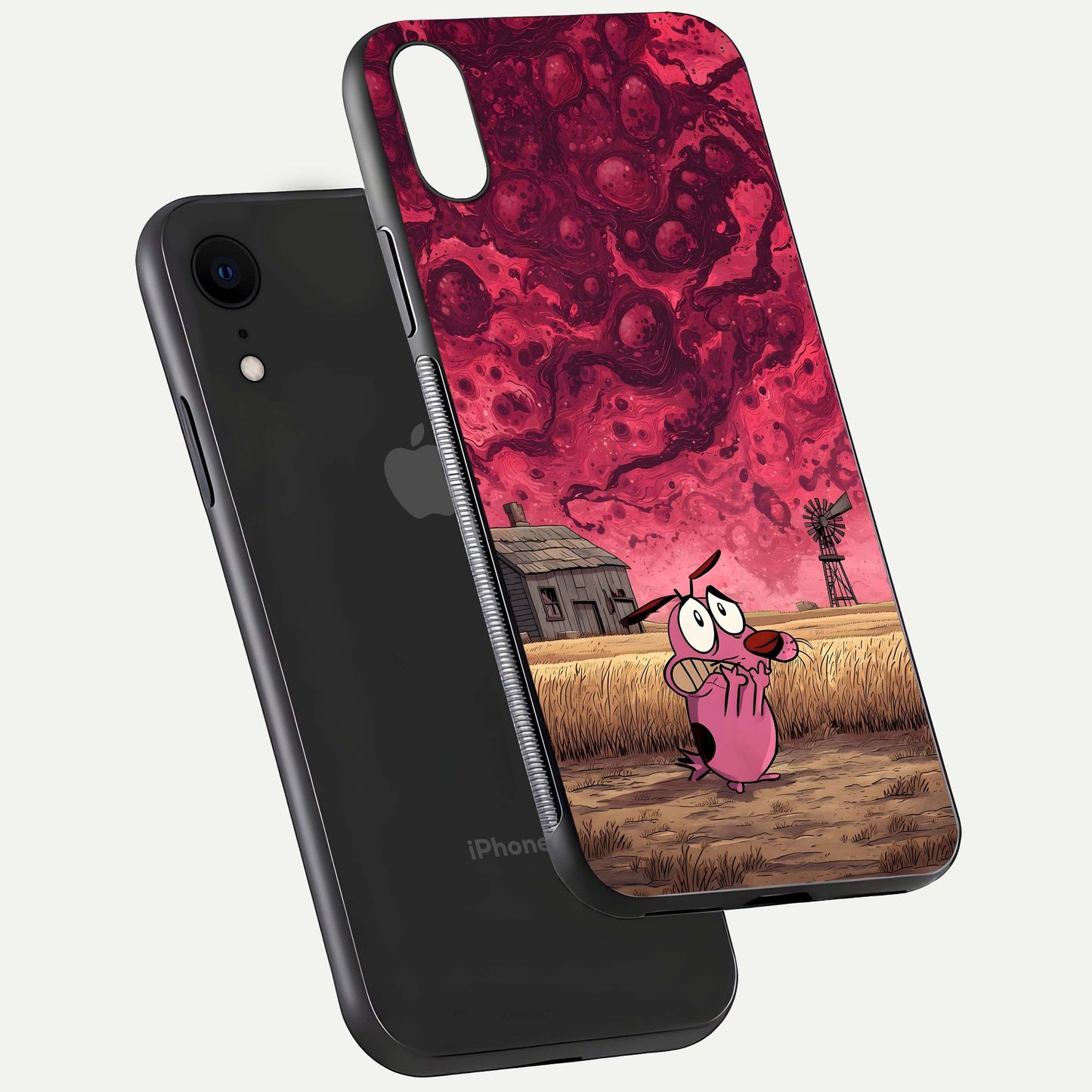 Courage Under Sky Glass Case for iPhone Xr floating mockup showing shine reflection and clean edges