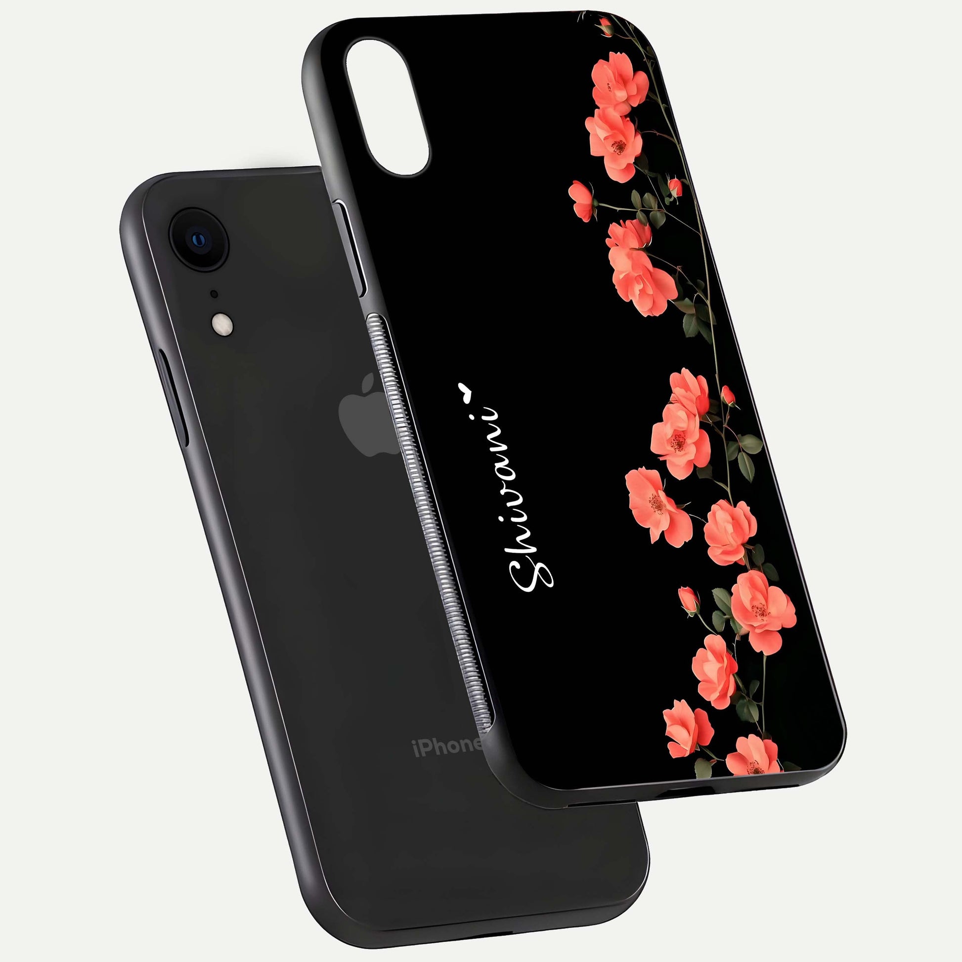 Crimson Bloom Grace Custom Name Glass Case for iPhone Xr floating mockup showing HD gloss and floral tones