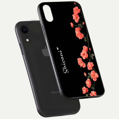 Crimson Bloom Grace Custom Name Glass Case for iPhone Xr floating mockup showing HD gloss and floral tones