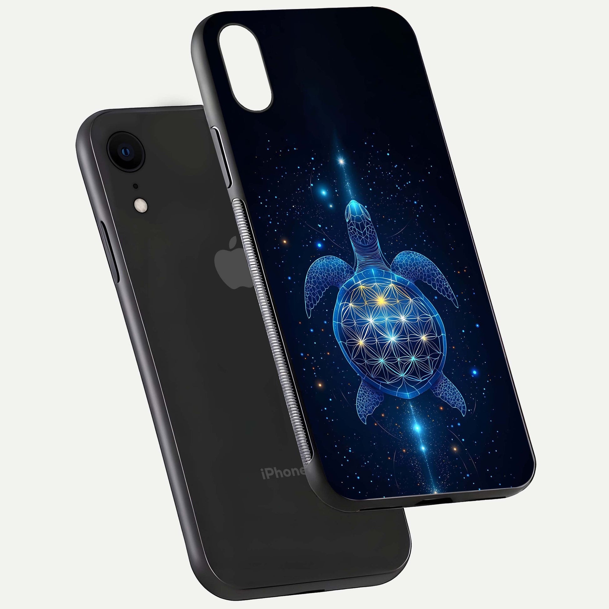 Crimson Blue Turtle Glass Case for iPhone Xr floating mockup showing reflection polish and deep hues