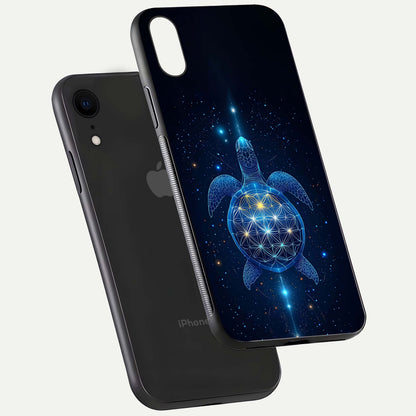 Crimson Blue Turtle Glass Case for iPhone Xr floating mockup showing reflection polish and deep hues