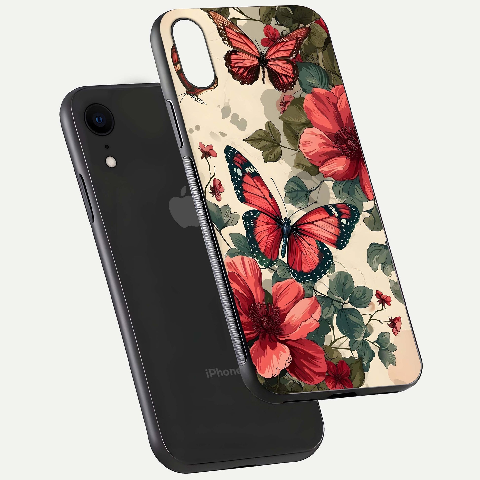 Crimson Butterfly Garden Glass Case for iPhone Xr floating mockup showing HD gloss and vivid art