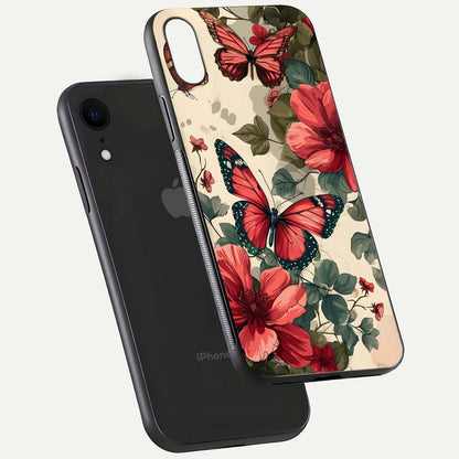 Crimson Butterfly Garden Glass Case for iPhone Xr floating mockup showing HD gloss and vivid art