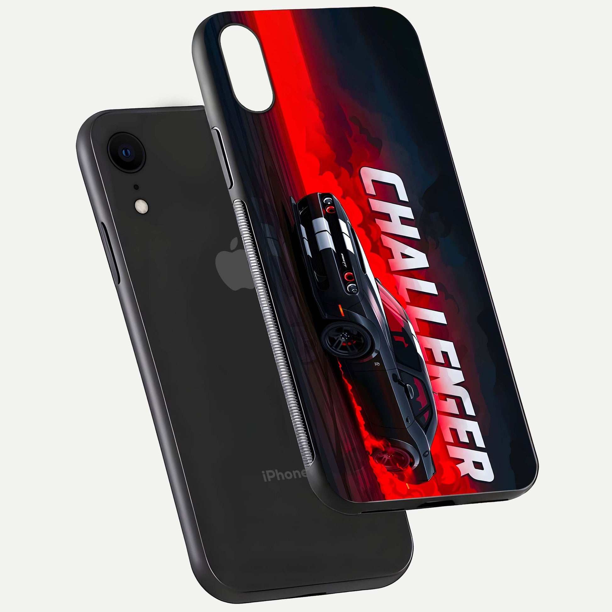 Crimson Challenger Fury Glass Case for iPhone Xr floating mockup showing HD gloss and sleek shine