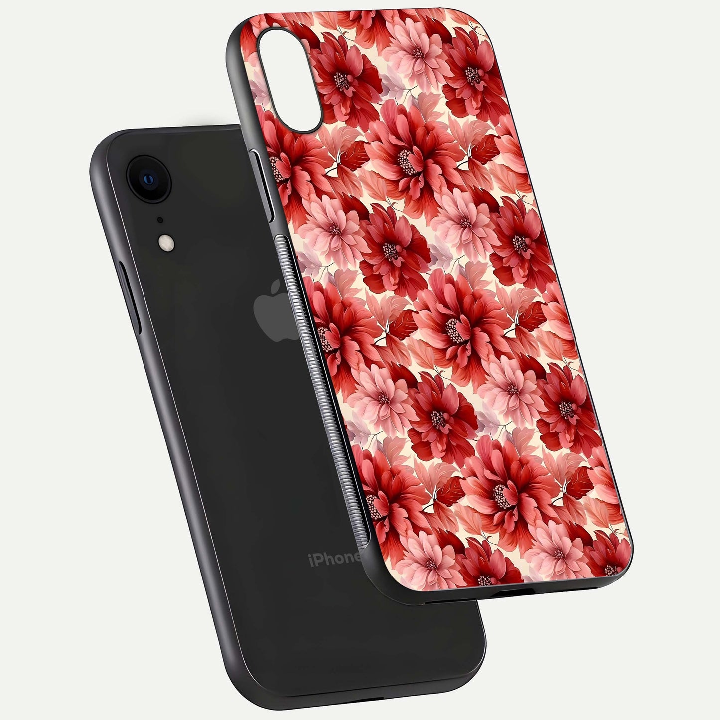Crimson Love Petals Glass Case for iPhone Xr floating mockup showing HD gloss and vivid detail