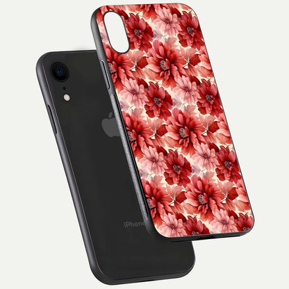 Crimson Love Petals Glass Case for iPhone Xr floating mockup showing HD gloss and vivid detail