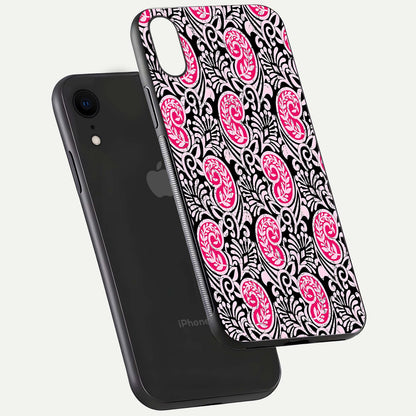 Crimson Paisley Charm Glass Case for iPhone Xr floating mockup showing gloss shine and texture clarity