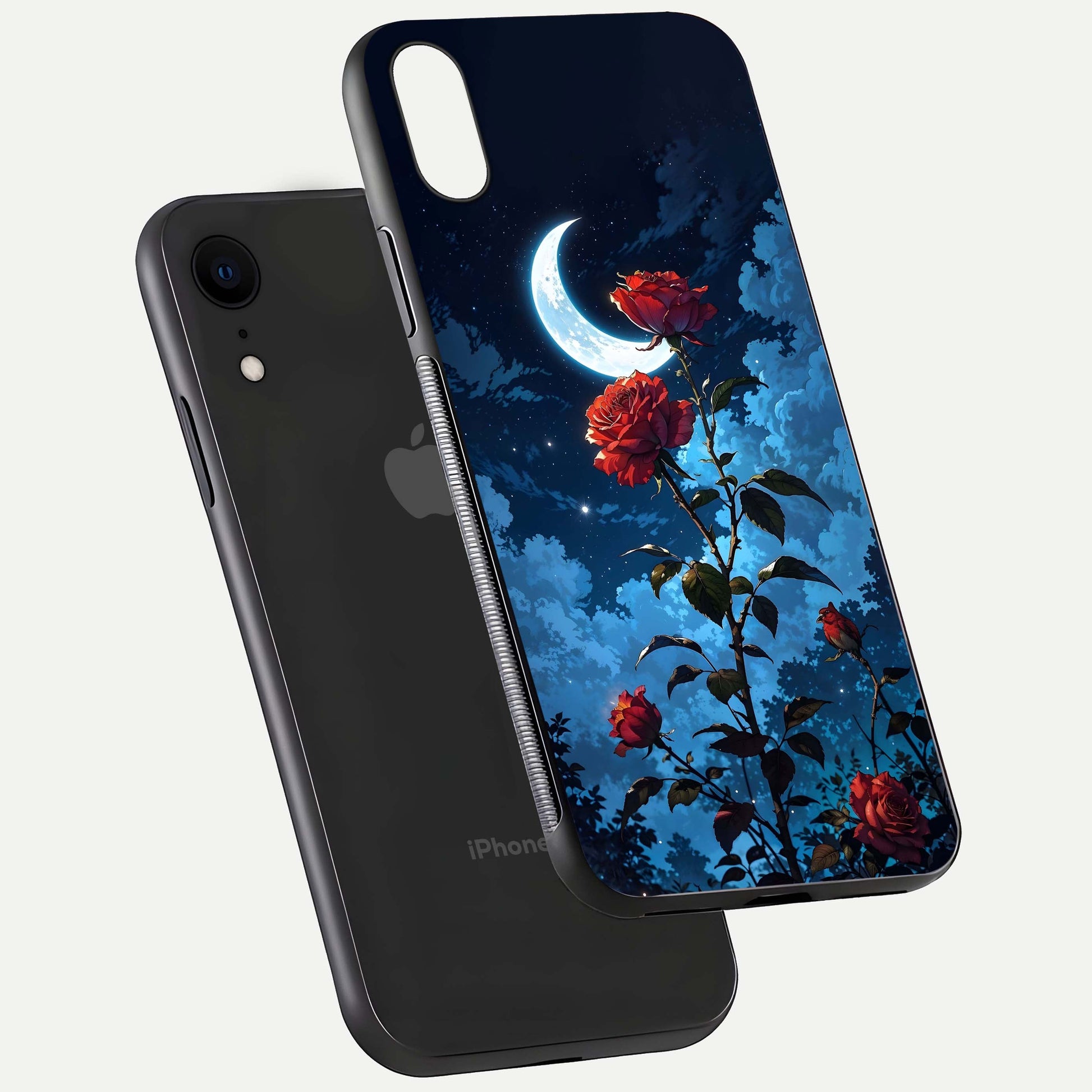 Crimson Rose Moon Glass Case for iPhone Xr floating mockup showing HD shine and elegant contrast