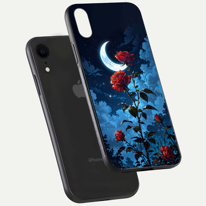 Crimson Rose Moon Glass Case for iPhone Xr floating mockup showing HD shine and elegant contrast