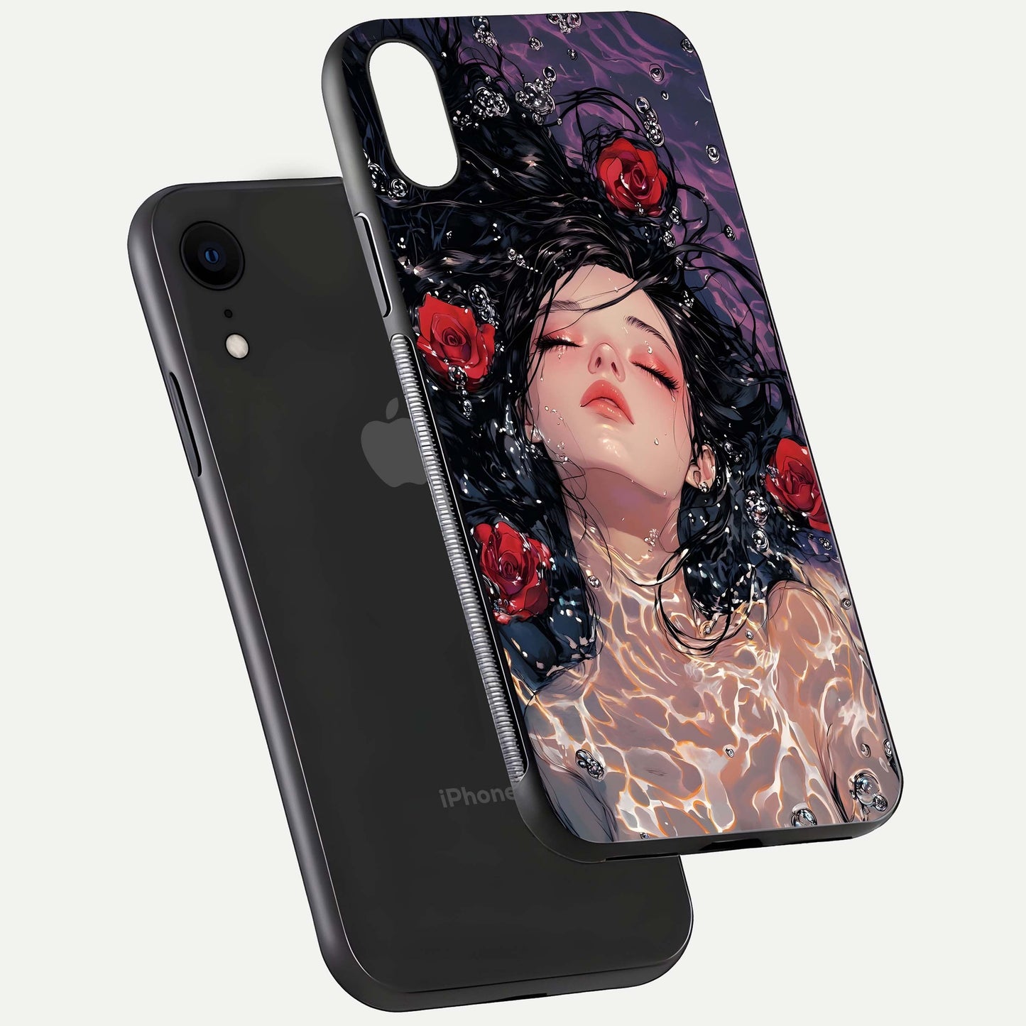Crimson Rose Serenity Glass Case for iPhone Xr floating mockup showing HD gloss and floral texture