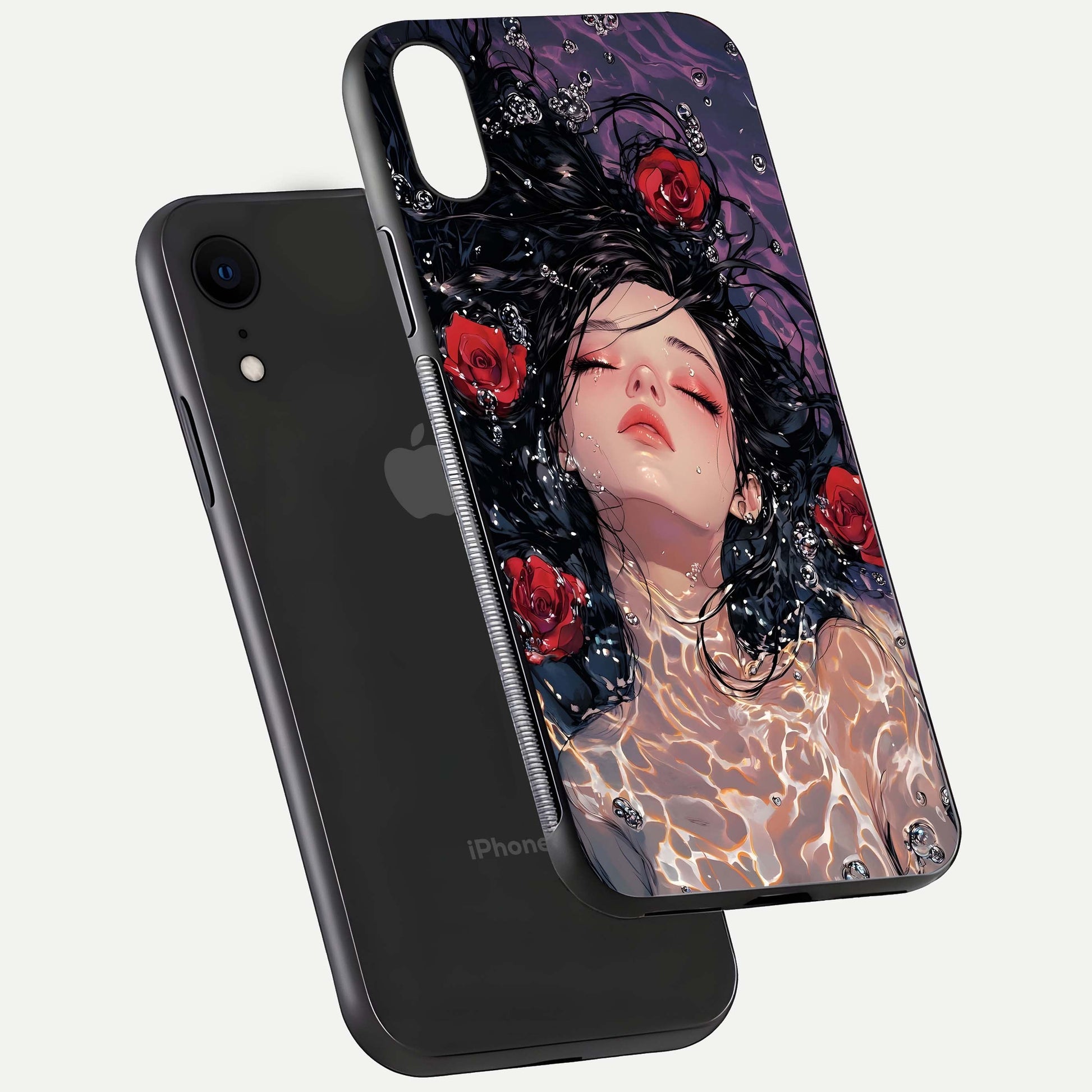 Crimson Rose Serenity Glass Case for iPhone Xr floating mockup showing HD gloss and floral texture