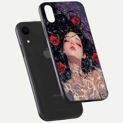 Crimson Rose Serenity Glass Case for iPhone Xr floating mockup showing HD gloss and floral texture