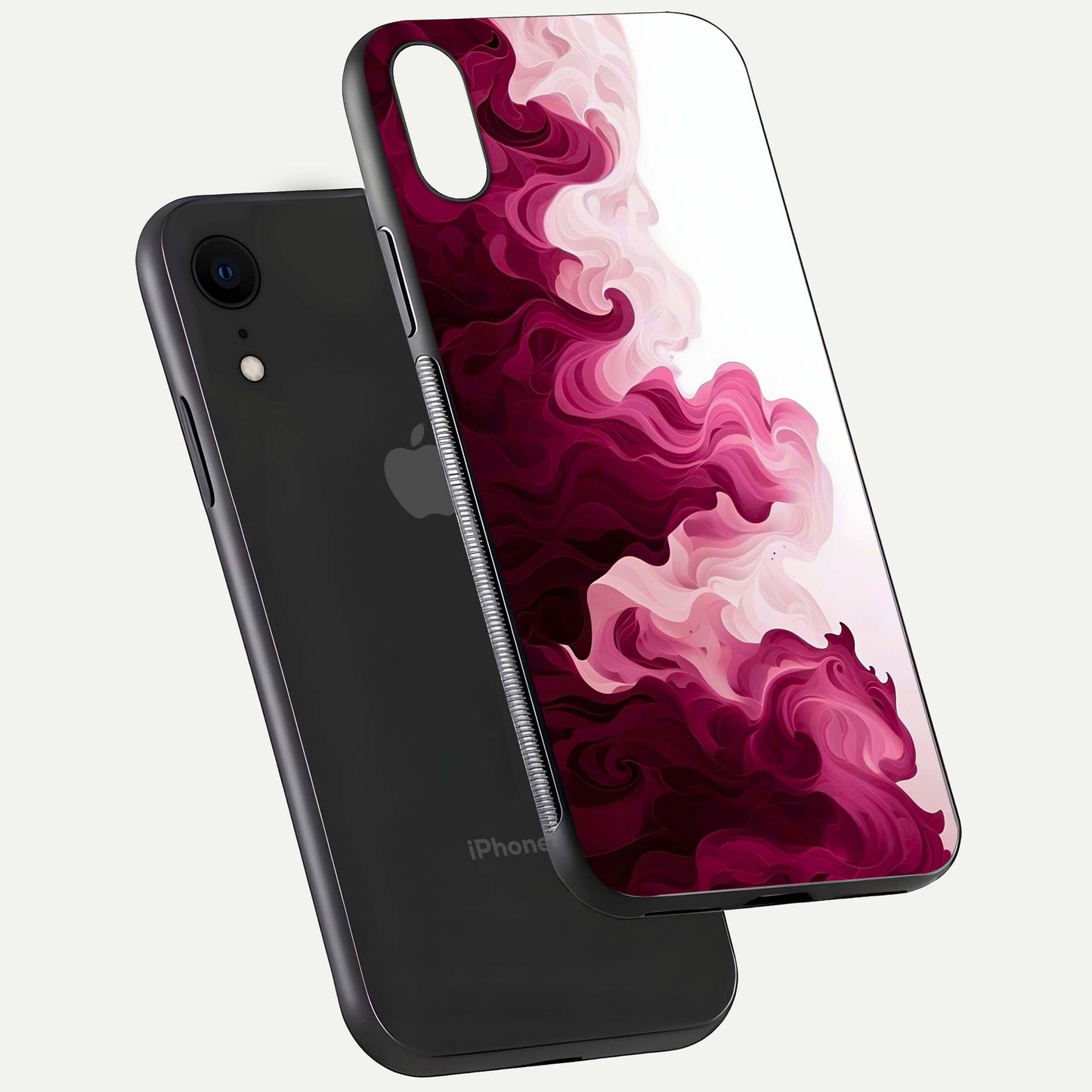 Crimson Wave Flow Glass Case for iPhone Xr floating mockup showing gloss shine and smooth edge