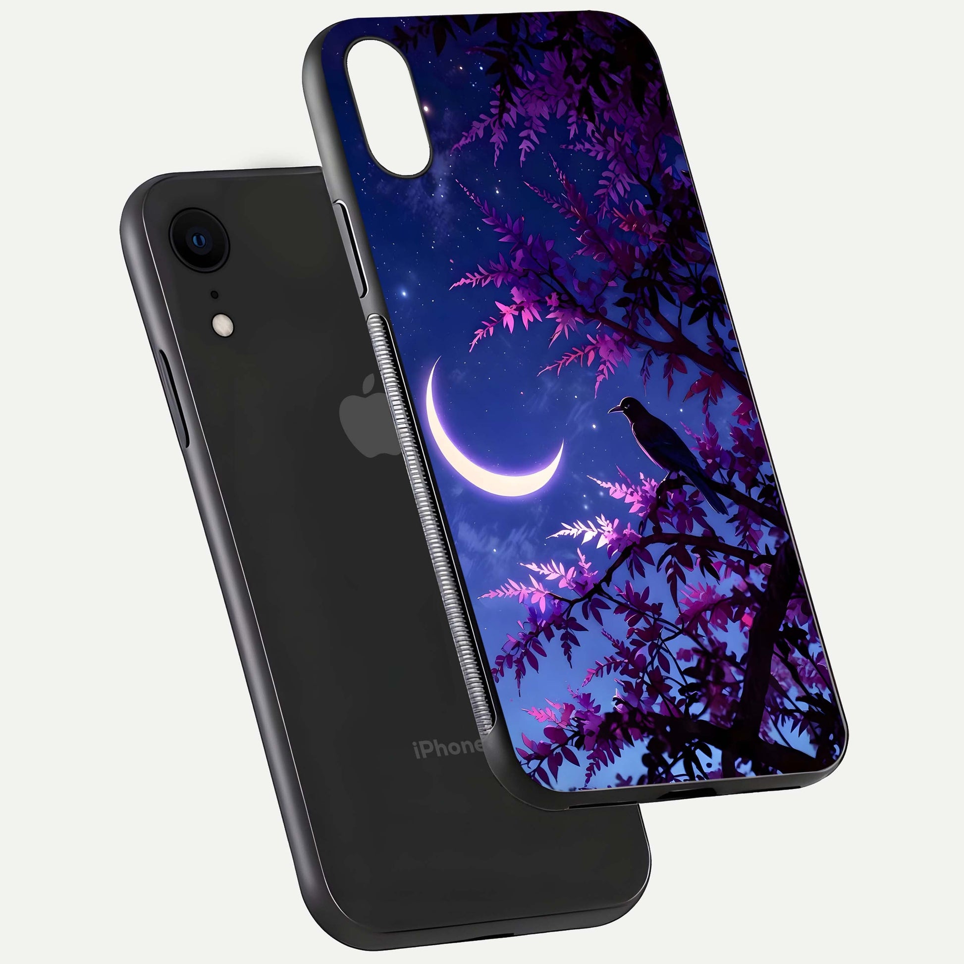 Crow & Moon Scenery Glass Case for iPhone Xr floating mockup showing HD gloss texture and soft moonlight glow