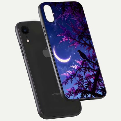 Crow & Moon Scenery Glass Case for iPhone Xr floating mockup showing HD gloss texture and soft moonlight glow