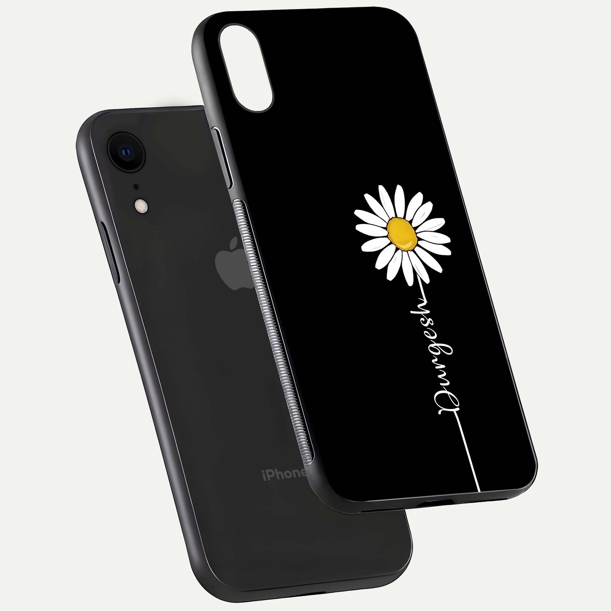 Custom Name White Flower Glass Case for iPhone Xr floating mockup displaying HD gloss and delicate texture