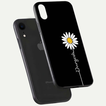 Custom Name White Flower Glass Case for iPhone Xr floating mockup displaying HD gloss and delicate texture