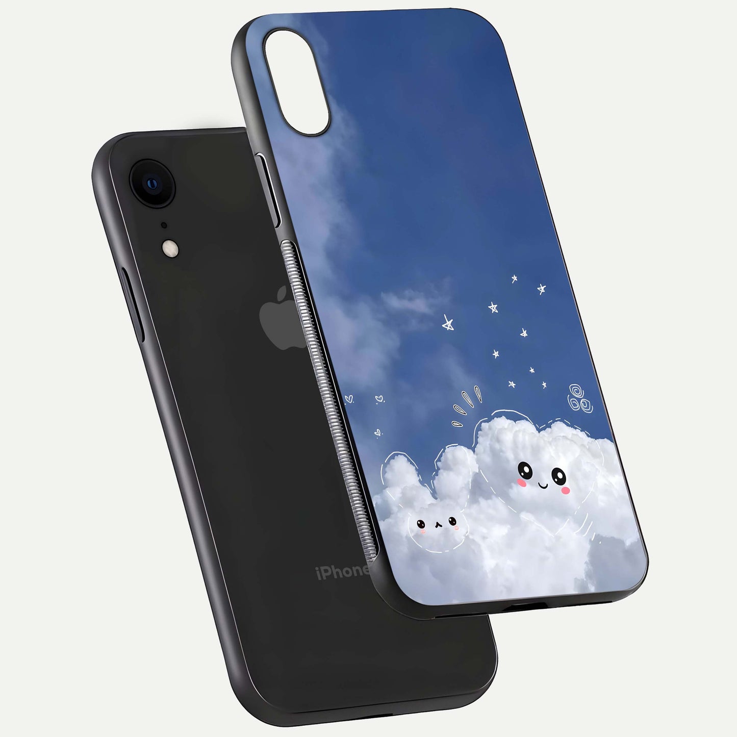 Cute Blossom Cloud Glass Case for iPhone Xr floating mockup showing HD shine and soft gradient finish