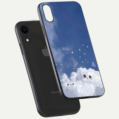 Cute Blossom Cloud Glass Case for iPhone Xr floating mockup showing HD shine and soft gradient finish