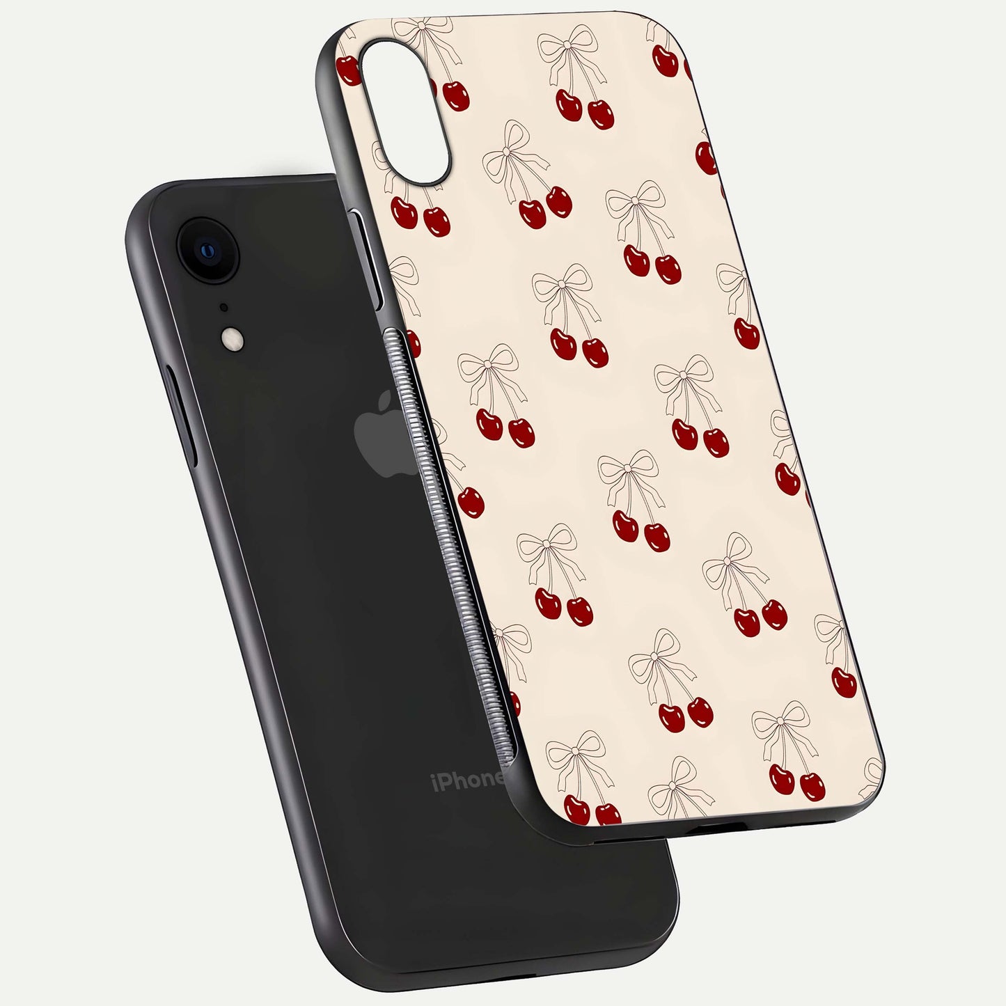 Cute Cherry Pattern Glass Case for iPhone Xr floating mockup showing HD gloss shine and clear tones