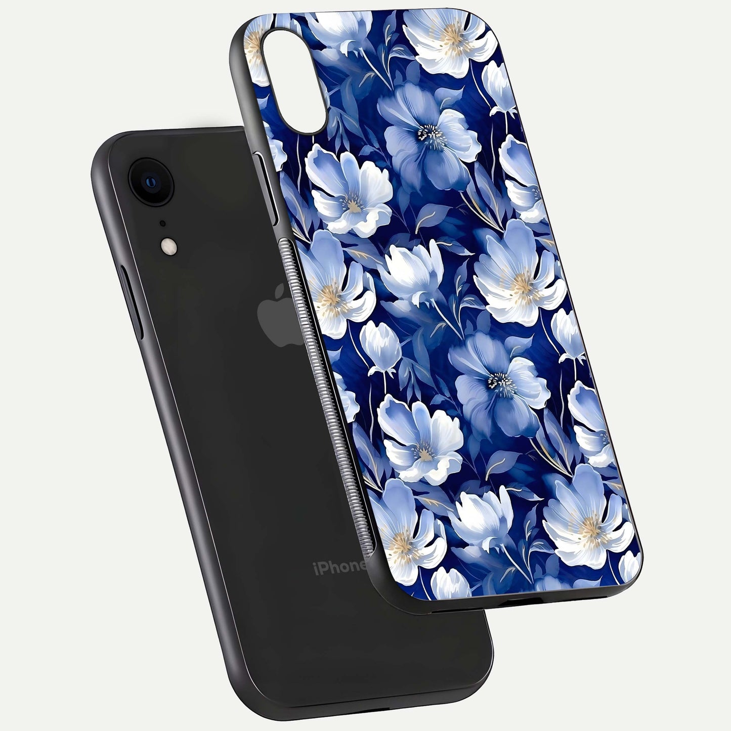 Cute Floral Patterns Glass Case for iPhone Xr floating mockup showing shine depth and design clarity