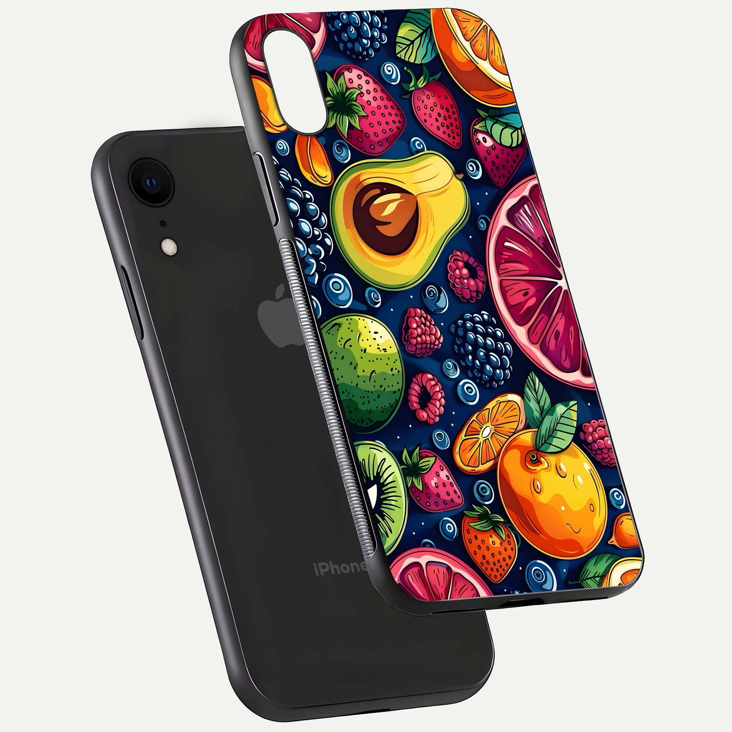 Cute Fruits Art Glass Case for iPhone Xr floating mockup showing gloss brightness and vivid artwork