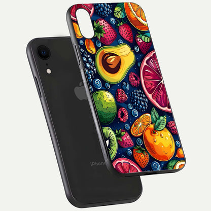 Cute Fruits Art Glass Case for iPhone Xr floating mockup showing gloss brightness and vivid artwork