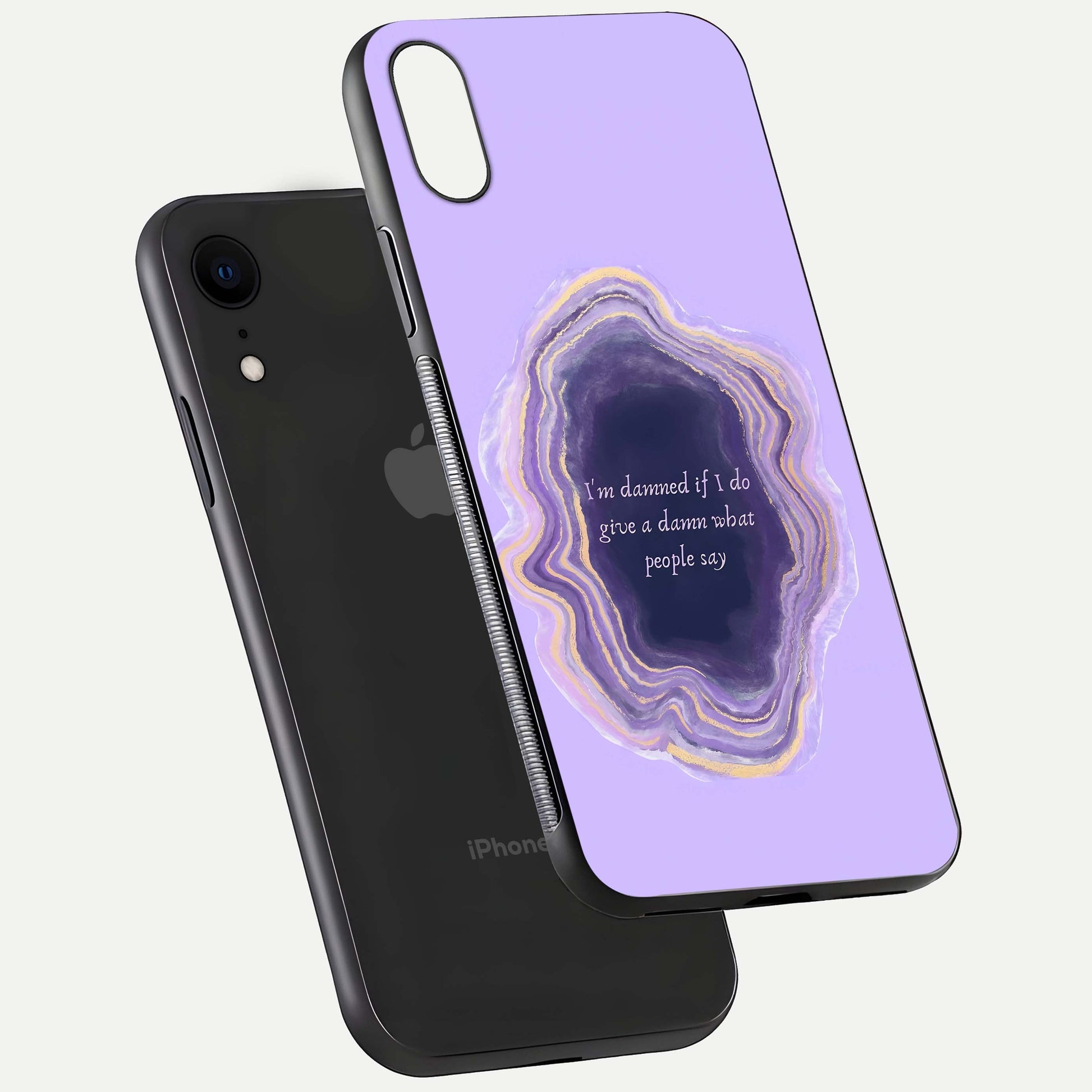 Damned People Quote Glass Case for iPhone Xr floating mockup showing gloss reflection and text balance