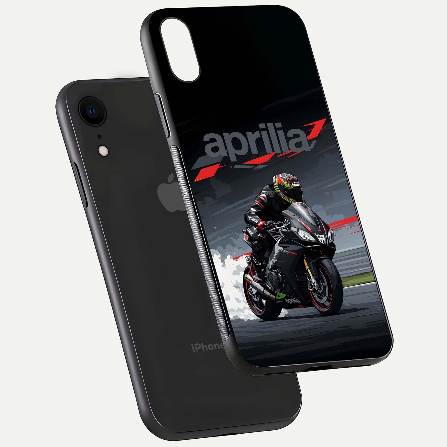 Dark Aprilla Glass Case for iPhone Xr floating mockup showing glossy contrast and texture clarity