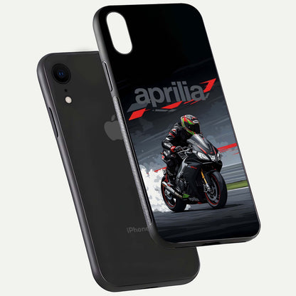 Dark Aprilla Glass Case for iPhone Xr floating mockup showing glossy contrast and texture clarity