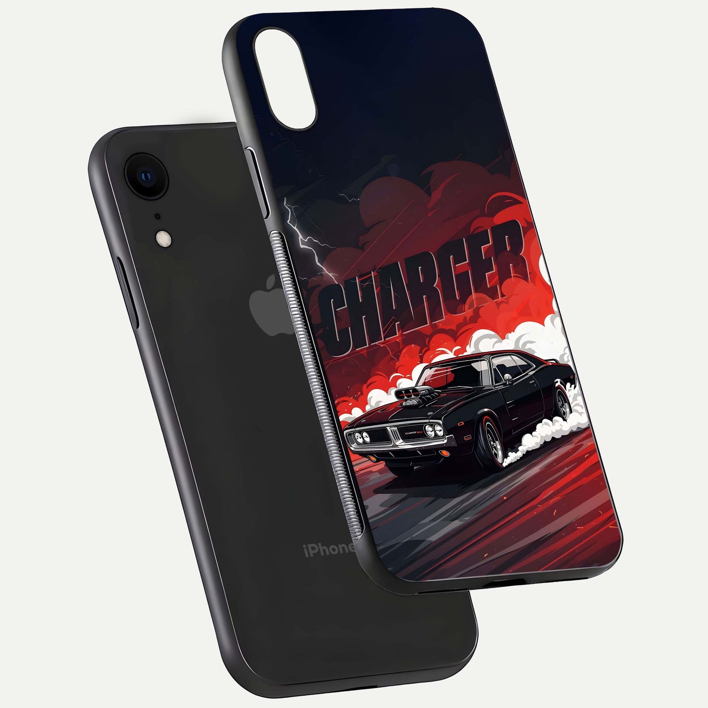 Dark Charger Fury Glass Case for iPhone Xr floating mockup showing reflection depth and shiny surface