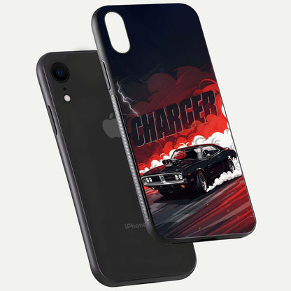 Dark Charger Fury Glass Case for iPhone Xr floating mockup showing reflection depth and shiny surface