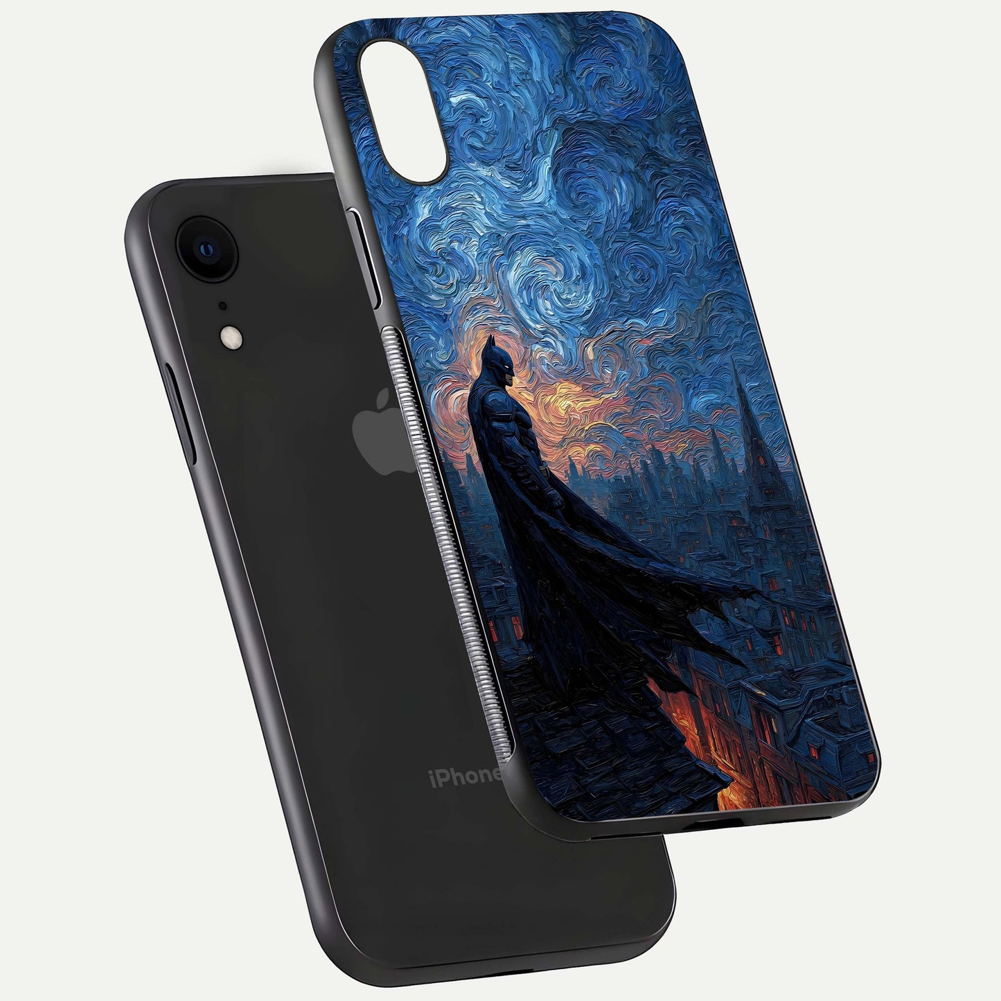 Dark Knight Dusk Glass Case for iPhone Xr floating mockup showing glossy depth and cinematic lighting
