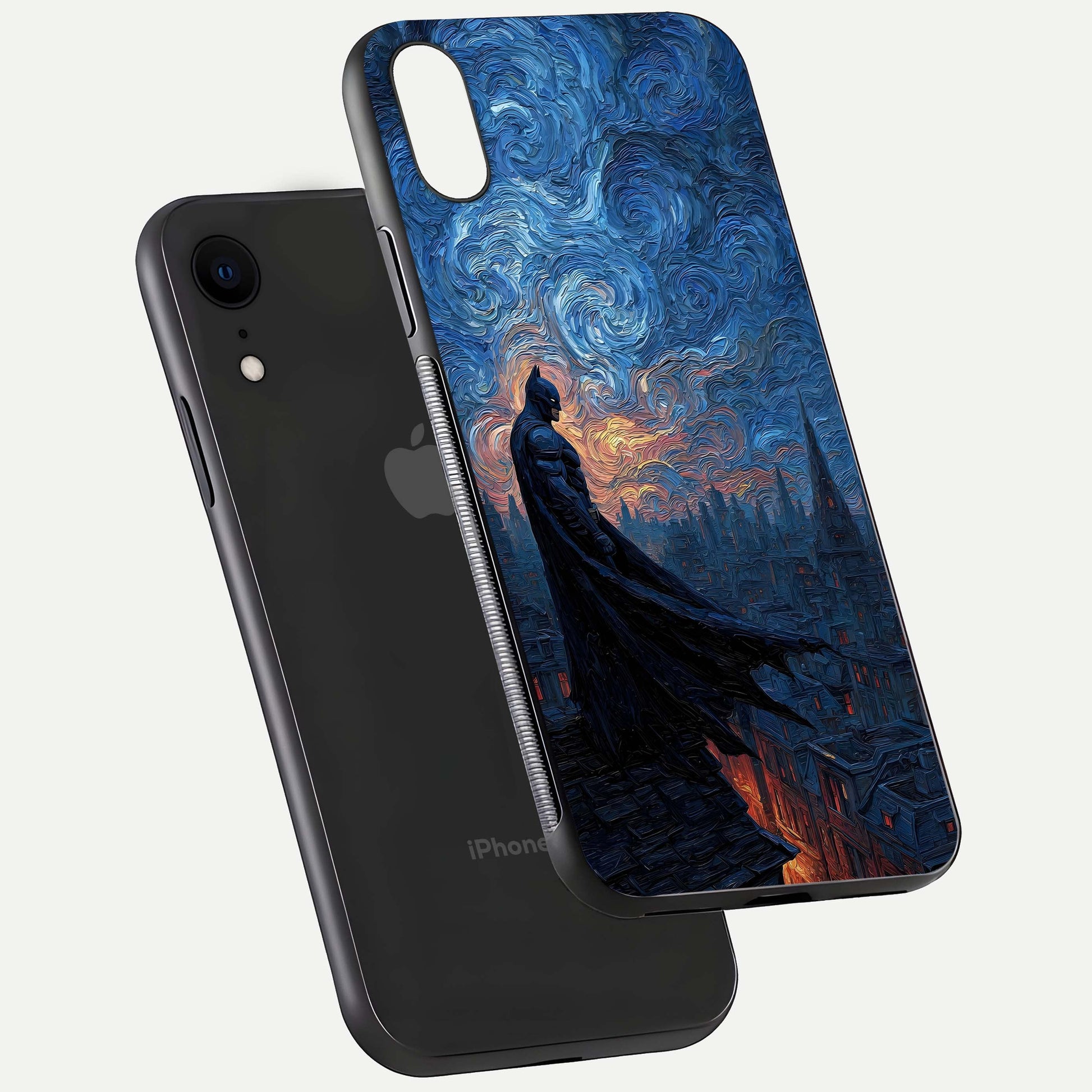 Dark Knight Dusk Glass Case for iPhone Xr floating mockup showing glossy depth and cinematic lighting