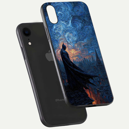Dark Knight Dusk Glass Case for iPhone Xr floating mockup showing glossy depth and cinematic lighting