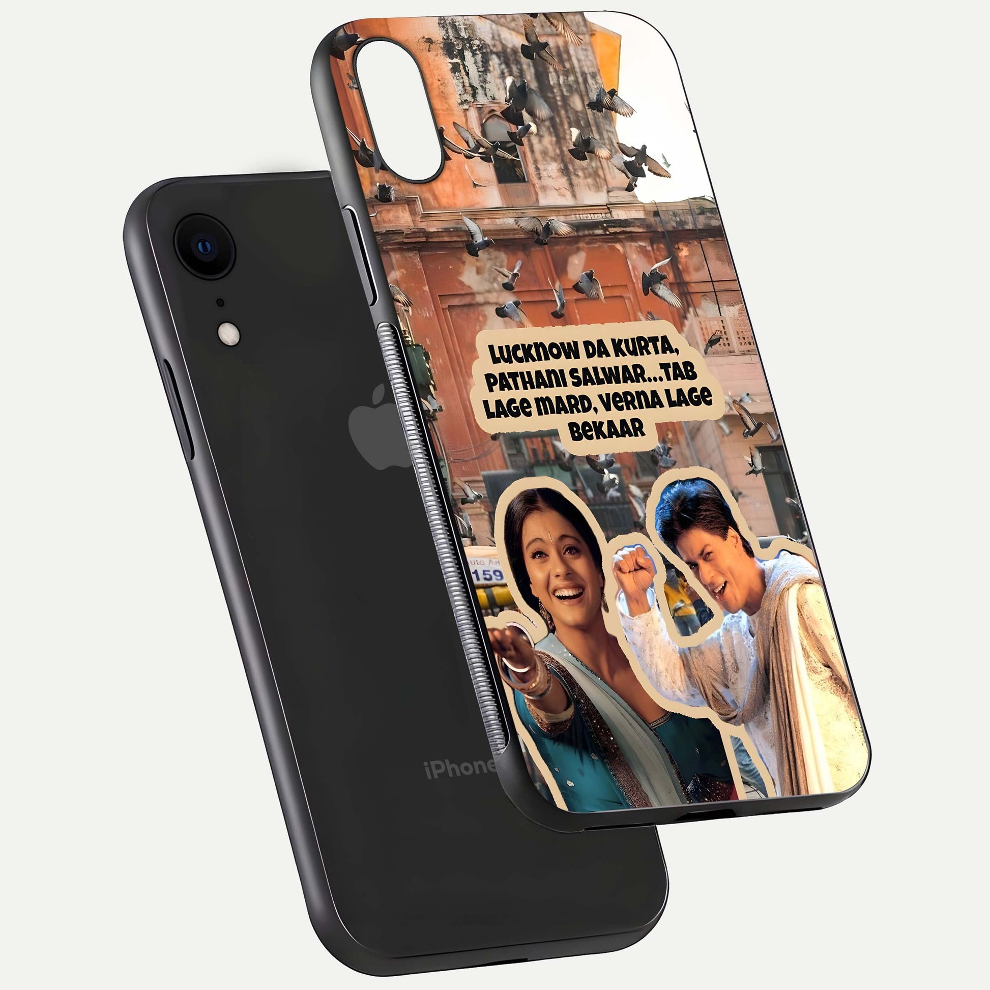 Desi Retro Vibes Glass Case for iPhone Xr floating mockup showing shine polish and vivid tones