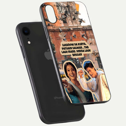 Desi Retro Vibes Glass Case for iPhone Xr floating mockup showing shine polish and vivid tones