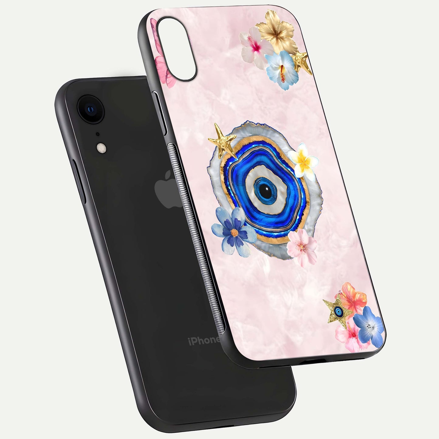 Divine Aura Bloom Glass Case for iPhone Xr floating mockup showing gloss texture and elegant design