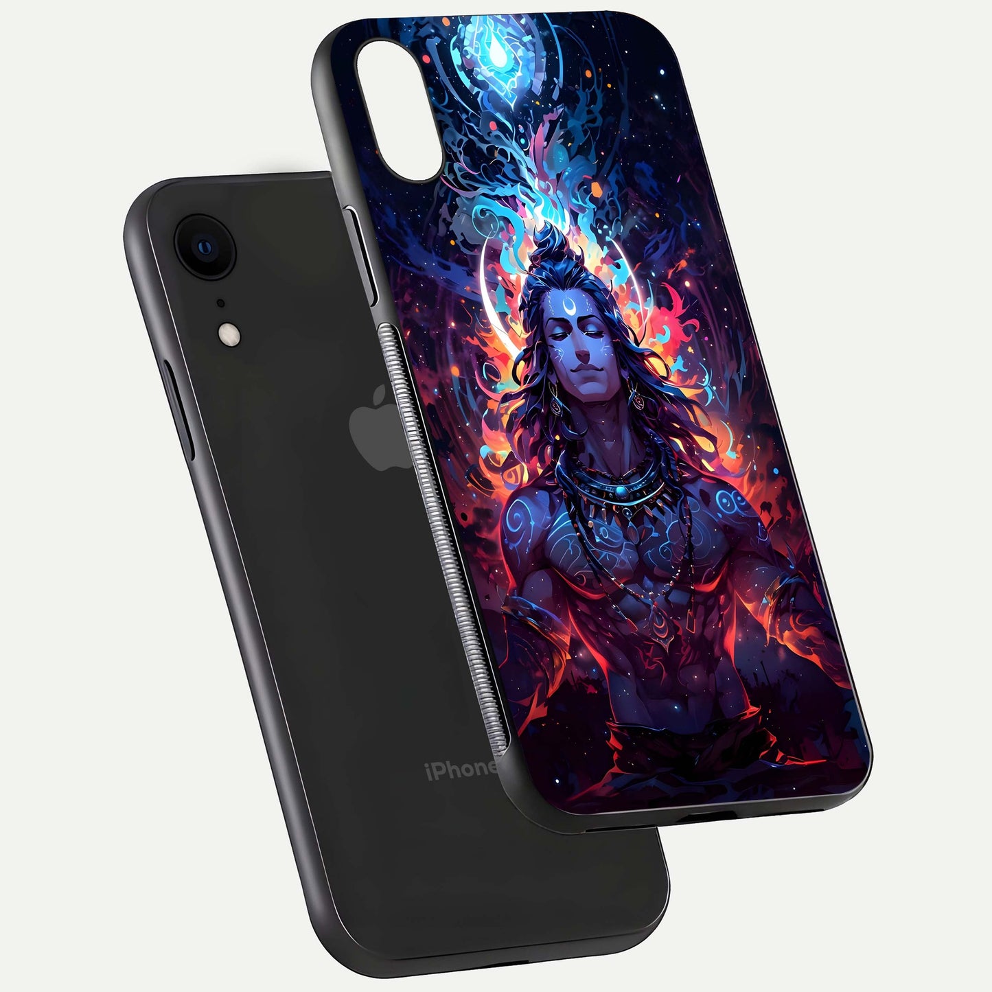 Divine Fire Shiv Glass Case for iPhone Xr floating mockup showing glow texture and gloss finish