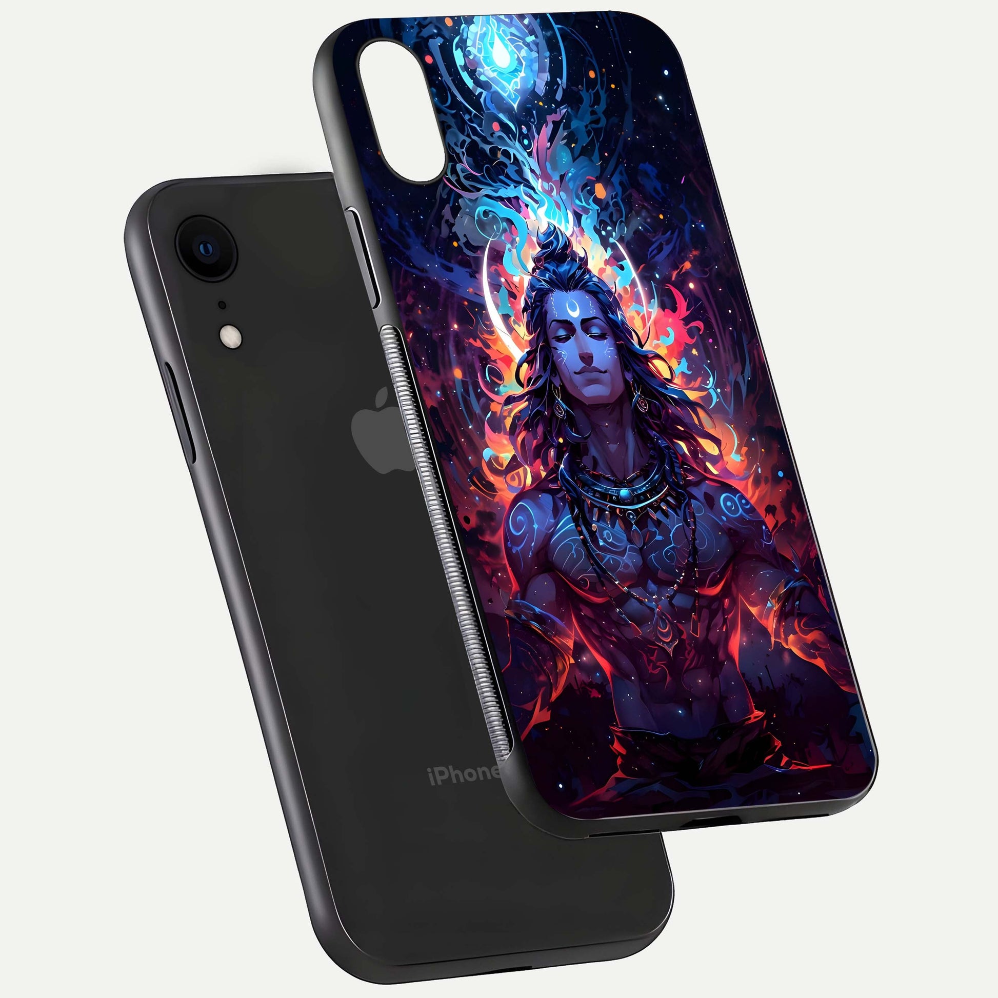 Divine Fire Shiv Glass Case for iPhone Xr floating mockup showing glow texture and gloss finish