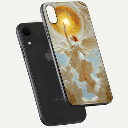 Divine Light Angel Glass Case for iPhone Xr floating mockup showing gloss texture and radiant light