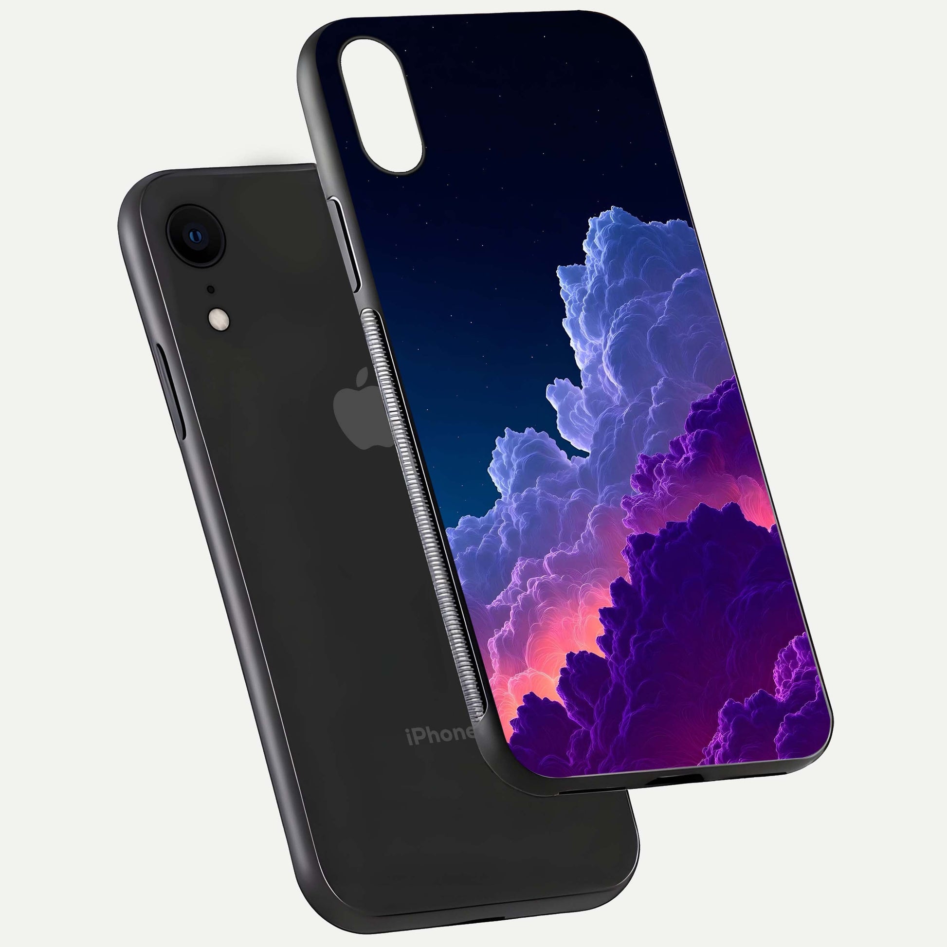 Dreamy Cloud Skies Glass Case for iPhone Xr floating mockup showing glossy depth and delicate tone