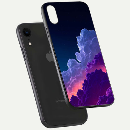 Dreamy Cloud Skies Glass Case for iPhone Xr floating mockup showing glossy depth and delicate tone