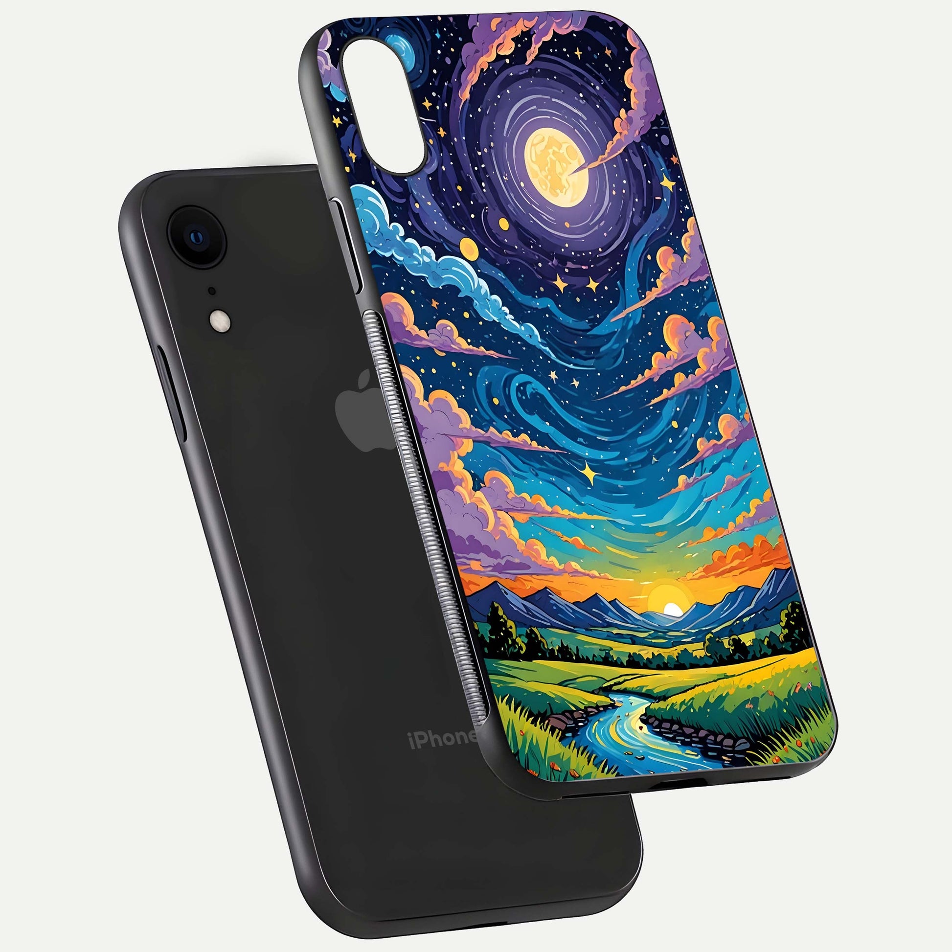 Dreamy Night Landscape Glass Case for iPhone Xr floating mockup showing glossy depth and serene color